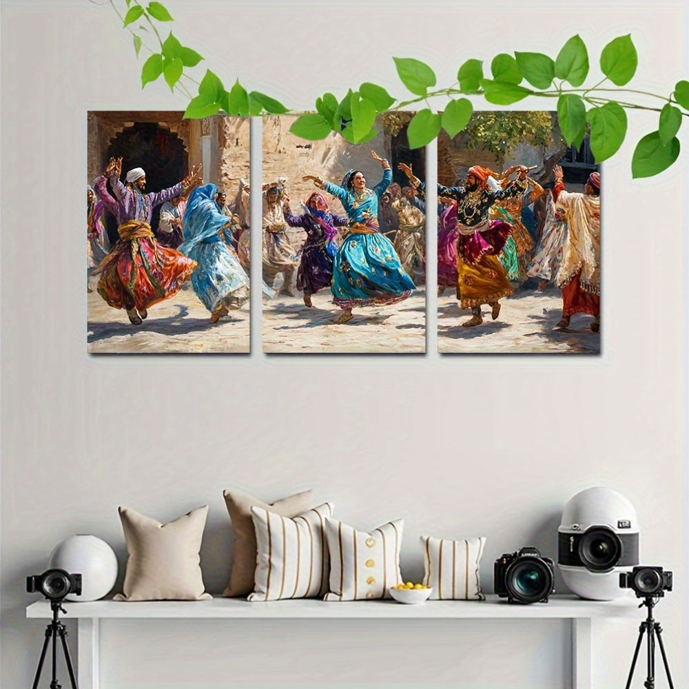 3pcs Framed Wall Art - Pakistani Attan Dance Scene, Traditional Pashtun Dress, Vibrant Tribal Heritage Print, Wooden Frame, 40.64x60.96cm, Ideal for Home & Office Decor, Office Wall Art | Cultural Wall Art | Wooden Frame Art,