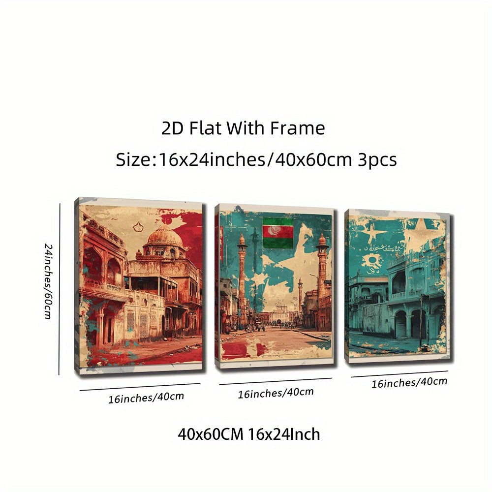 3pcs, 2D Flat Framed wall art - 40.64x60.96 cm, Pakistan Poster Set, Vintage Pakistani Street Art Prints, Islamic Art, Folk Art Poster, Arabic Indian Art, Muslim Gift, Wall Print, 2D Flat