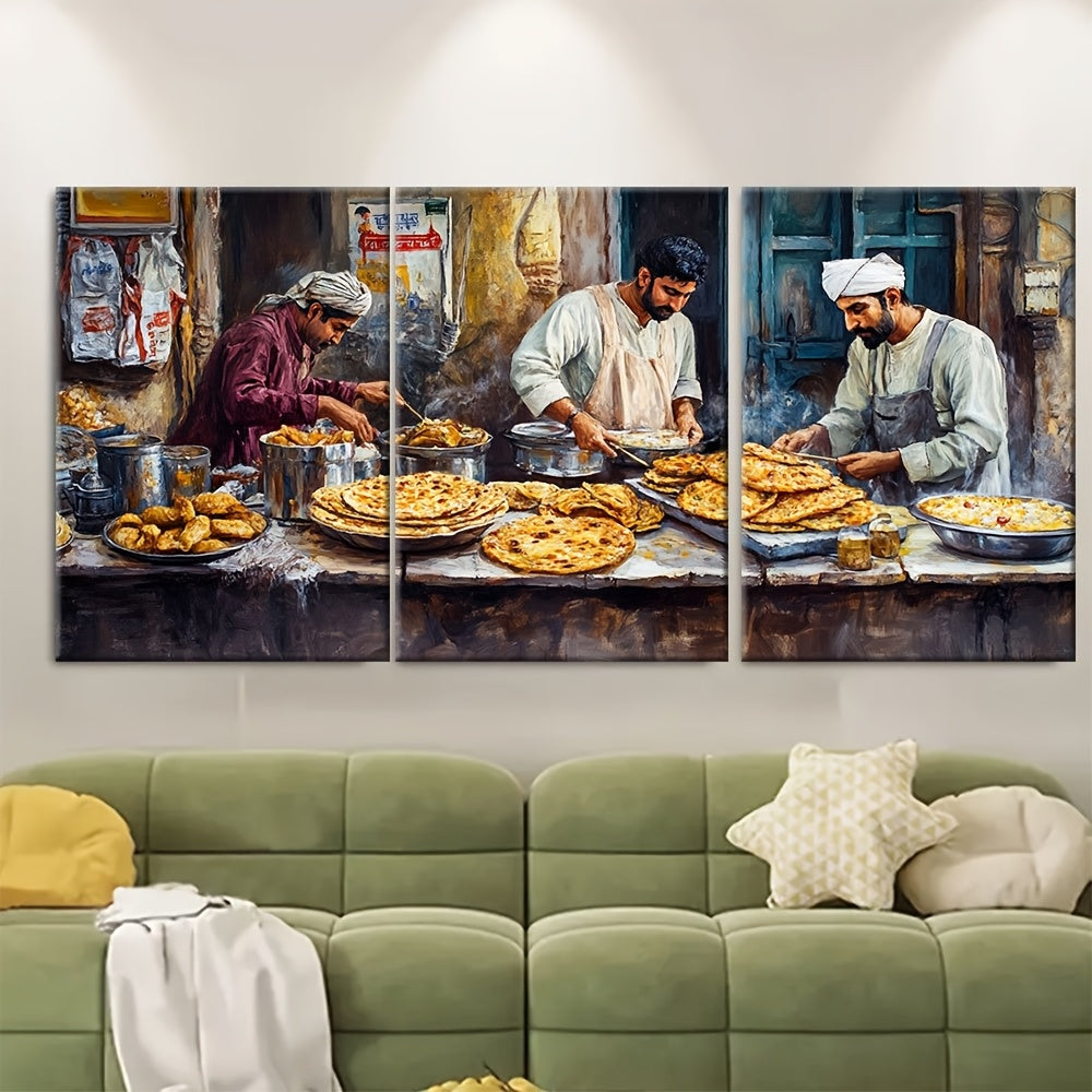 3pcs Framed Canvas Wall Art - Pakistani Breakfast in Karachi, Parathas & Quaide Azam View, Cultural Print, 40.64x60.96cm, Wooden Frame, 2D Flat Design, Perfect for Home or Office Decor, Office Wall Decor | Cultural Artwork |