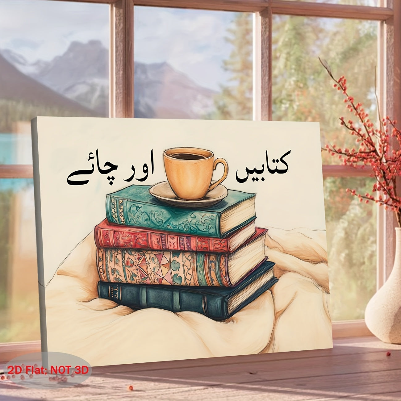 2D Flat, 1pc Vintage South Asian Inspired Canvas Wall Art - Stacked Books & Chai Tea Cup Urdu Calligraphy Print, 29.97x39.88 cm Wrapped Canvas Frame, Book Lover Gift for Bedroom, Living Room, Kitchen, Bathroom Decor, Kitchen