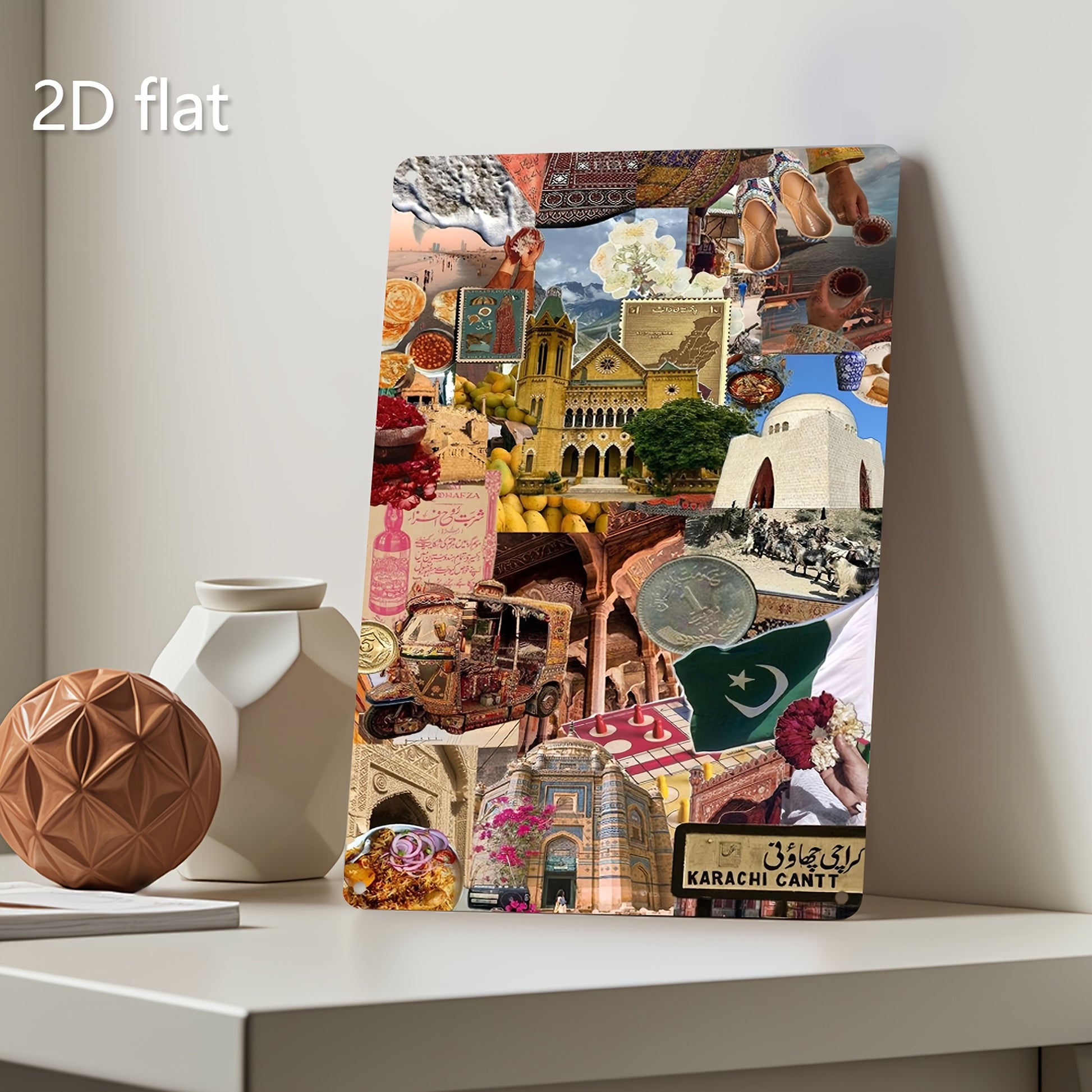 2D Flat, 1pc Karachi Mosaic Collage Metal Wall Art - Pakistani Cultural Decor with Mohanjodaro, Sindhi Architecture - Large 7.87x11.8 Inch (20x30cm) Weatherproof Tinplate Plaque for Living Room, Garden, Office - Pre-Drilled H