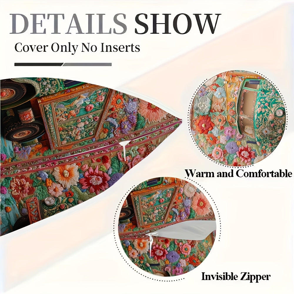 1pc Vibrant Pakistani Truck Art Floral Spring 3D Embroidery Pillow Cover, 45.72x45.72 cm - Double-Sided Print, Zipper Closure, Machine Washable Polyester, Ideal for Living Room Decor, Decorative Pillows