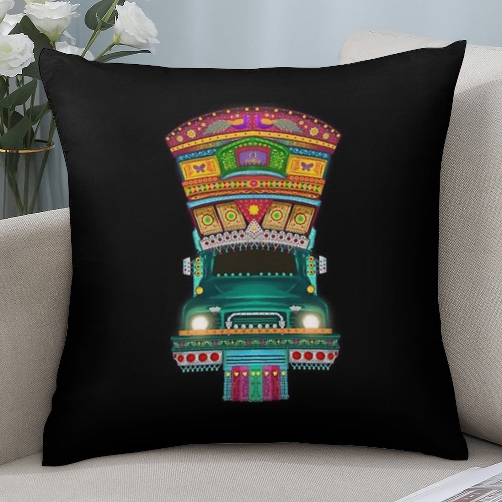 1pc Vibrant Pakistani Truck Art Sofa Pillowcase - Double-Sided Polyester, Colorful Traditional Design with Intricate Patterns, Perfect for Bedroom & Living Room Decor (Pillow Insert Not Included), Decorative Pillow Cover | Tr