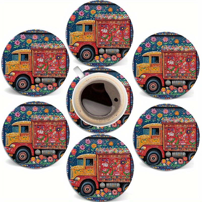 6pcs Round Wooden Coasters - Vibrant Pakistan Truck Art Floral Design, 4-Inch 2D Flat Coffee & Hot Drink Mats, Hand Washable, Durable Composite Wood for All Seasons, Perfect for Thanksgivin