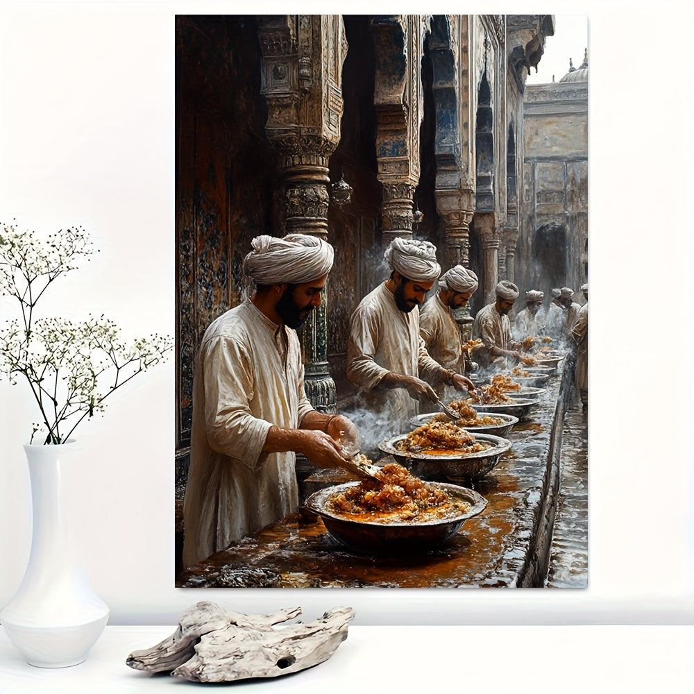 1pc Wall Art 30.48x40.64 cm - "Siri Paya Breakfast at Multan & Shah RukneAlam Cemetery Scene" Pakistani Culture Artwork, Traditional Food Preparation and Historical Architecture Canvas Print with Natural Wood Frame, Vivid Sou