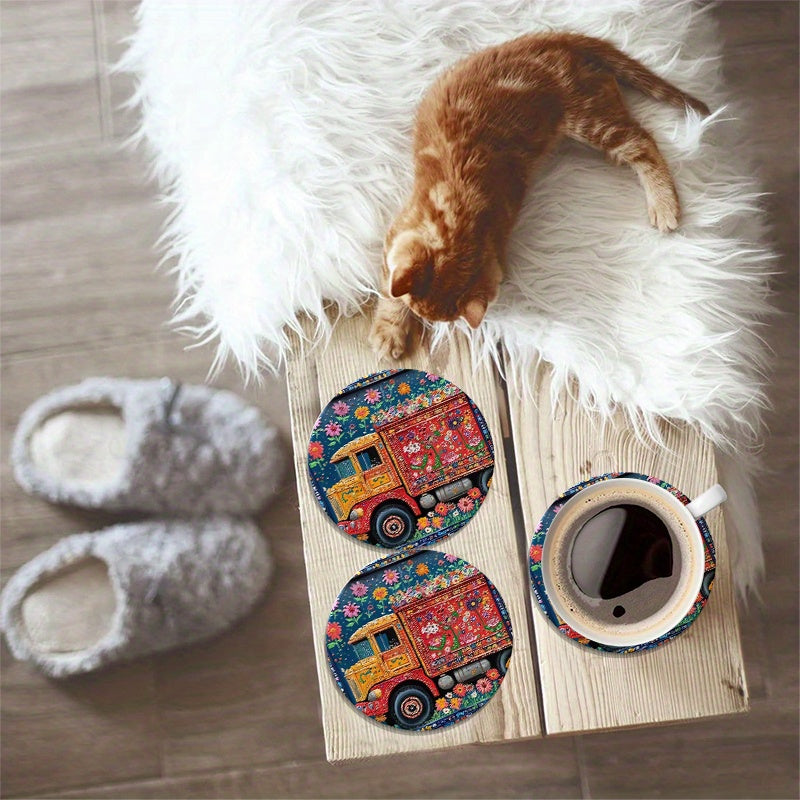 6pcs Round Wooden Coasters - Vibrant Pakistan Truck Art Floral Design, 4-Inch 2D Flat Coffee & Hot Drink Mats, Hand Washable, Durable Composite Wood for All Seasons, Perfect for Thanksgivin