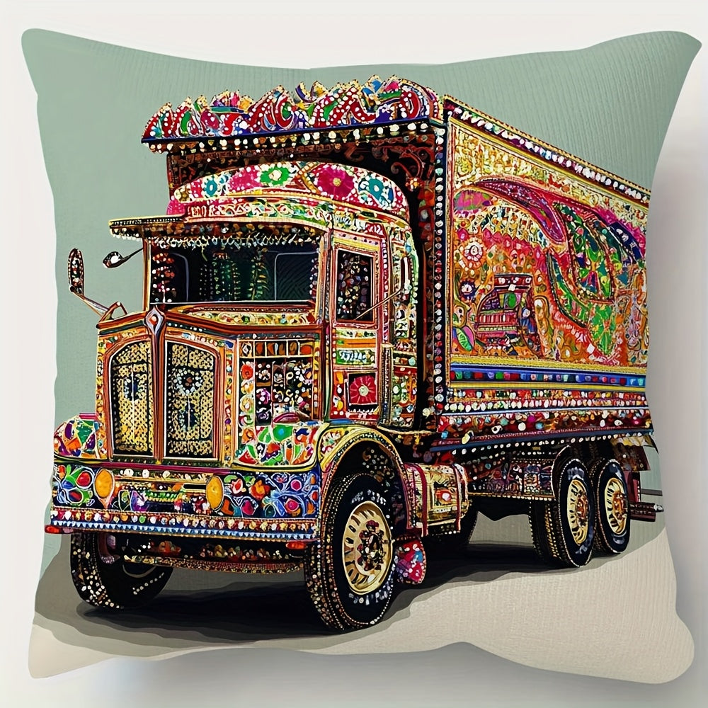 1pc Pakistani Truck Art Throw Pillow Cover - 45.72x45.72 cm Traditional South Asian Design, Vibrant Colors, Zipper Closure, Hand Wash Only, Short Plush Decorative Pillow Case for Sofa Living Room Bedroom Office Decor (No Inse