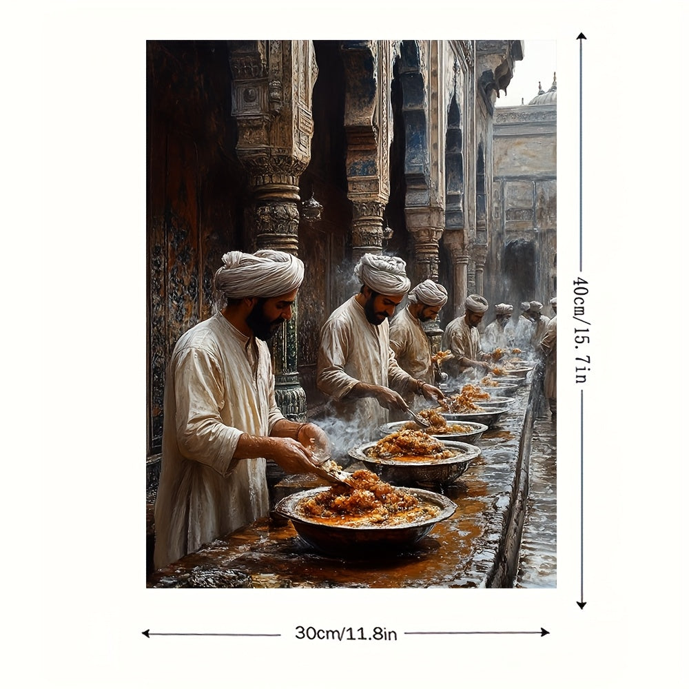 1pc Wall Art 30.48x40.64 cm - "Siri Paya Breakfast at Multan & Shah RukneAlam Cemetery Scene" Pakistani Culture Artwork, Traditional Food Preparation and Historical Architecture Canvas Print with Natural Wood Frame, Vivid Sou
