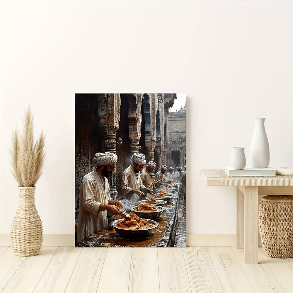 1pc Wall Art 30.48x40.64 cm - "Siri Paya Breakfast at Multan & Shah RukneAlam Cemetery Scene" Pakistani Culture Artwork, Traditional Food Preparation and Historical Architecture Canvas Print with Natural Wood Frame, Vivid Sou