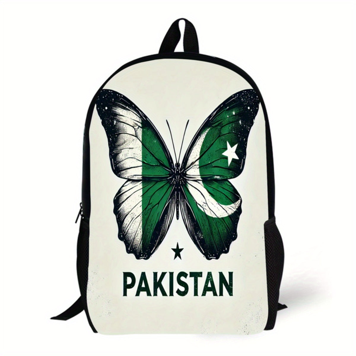 1pc Pakistani Wings Backpack - Lightweight Polyester, Adjustable Strap, Zipper Closure, Machine Washable - Stylish Green & White Butterfly Design with "PAKISTAN" Print, Ideal for School, Travel, or Everyday Use, Everyday Back