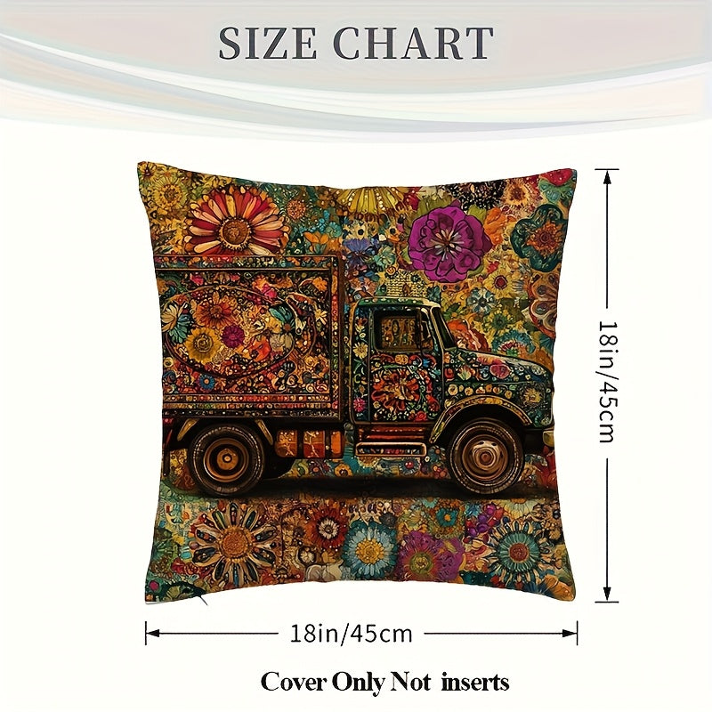 1pc Contemporary Pakistani Folk Art Truck Design Throw Pillow Cover, 45.72x45.72 cm, Machine Washable, Zipper Closure, Woven Polyester, Decorative Cushion Case for Sofa, Living Room, Bedroom, Office - No Insert