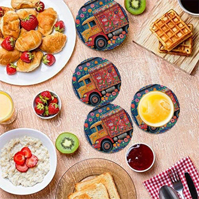 6pcs Round Wooden Coasters - Vibrant Pakistan Truck Art Floral Design, 4-Inch 2D Flat Coffee & Hot Drink Mats, Hand Washable, Durable Composite Wood for All Seasons, Perfect for Thanksgivin