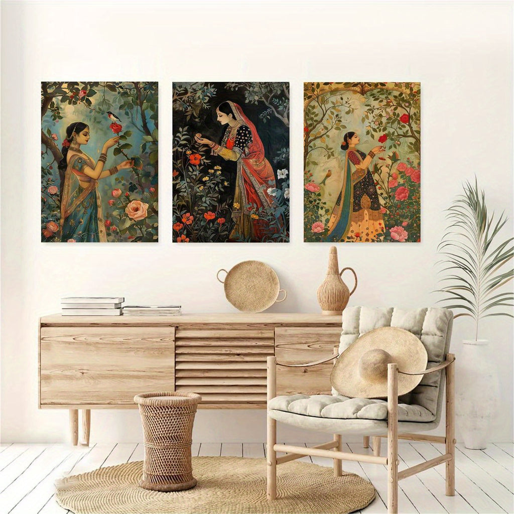 3pcs Mughal-Style Indian & Pakistani Traditional Art Prints - Regenerated Wood Framed Waterproof Canvas Wall Art, Vibrant Garden Scenes with Women, Cultural Home Decor for Bedroom, Living Room, Dorm - Unique Gift Idea, Indian