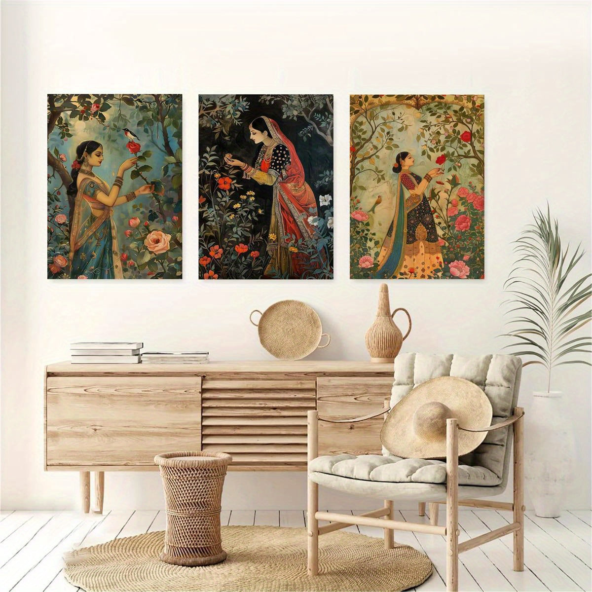 3pcs Mughal-Style Indian & Pakistani Traditional Art Prints - Regenerated Wood Framed Waterproof Canvas Wall Art, Vibrant Garden Scenes with Women, Cultural Home Decor for Bedroom, Living Room, Dorm - Unique Gift Idea, Indian