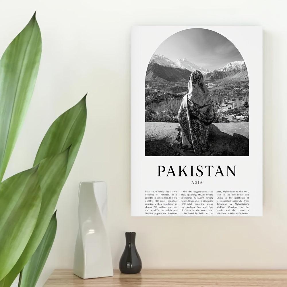 1pc Framed Pakistan Wall Art Print - Black & White Mountain Landscape with Traditional Woman, 29.97x39.88 cm Canvas Poster, Cultural Home Decor for Living Room, Office, or Classroom, Office Decoration, Minimalist Design, 2D F