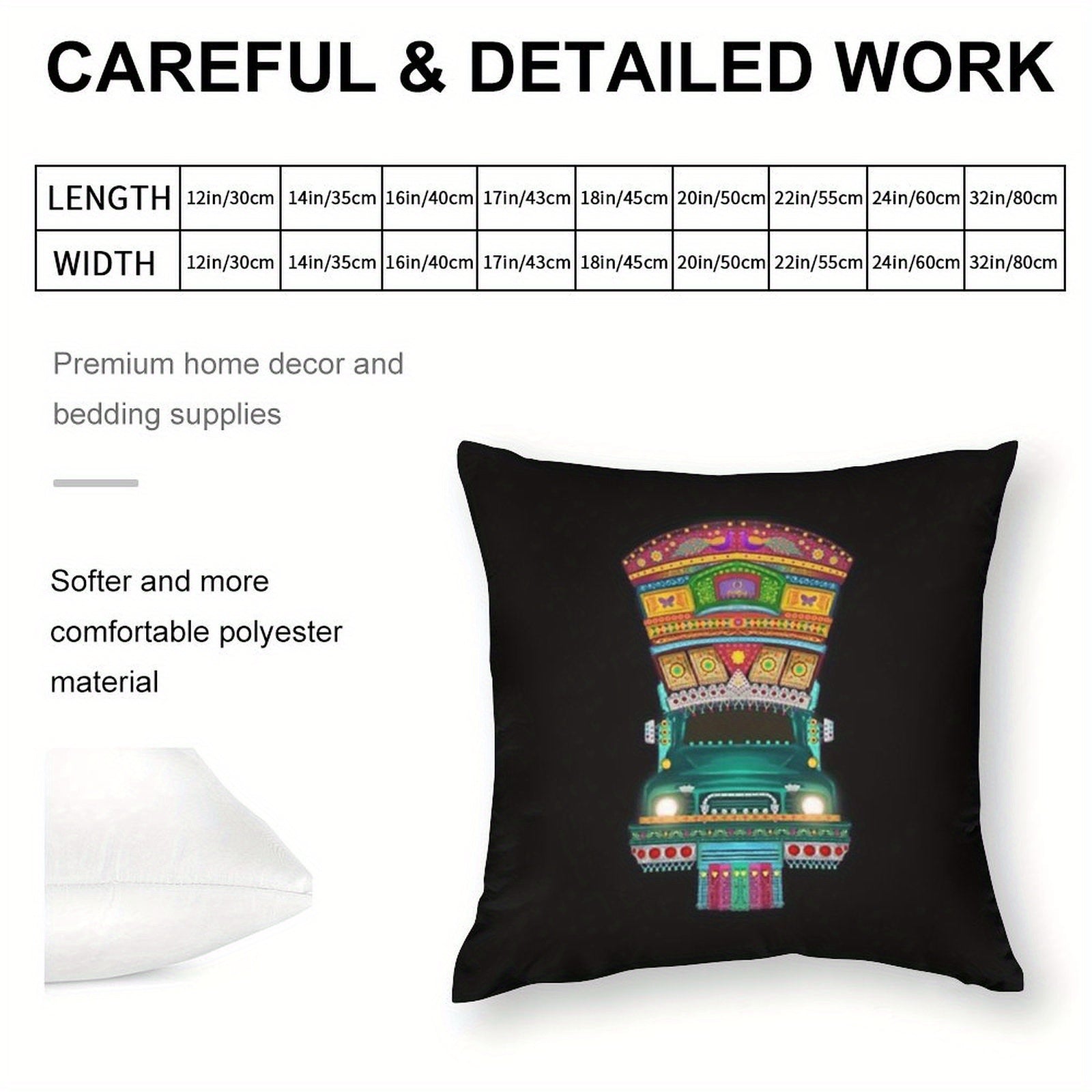 1pc Vibrant Pakistani Truck Art Sofa Pillowcase - Double-Sided Polyester, Colorful Traditional Design with Intricate Patterns, Perfect for Bedroom & Living Room Decor (Pillow Insert Not Included), Decorative Pillow Cover | Tr