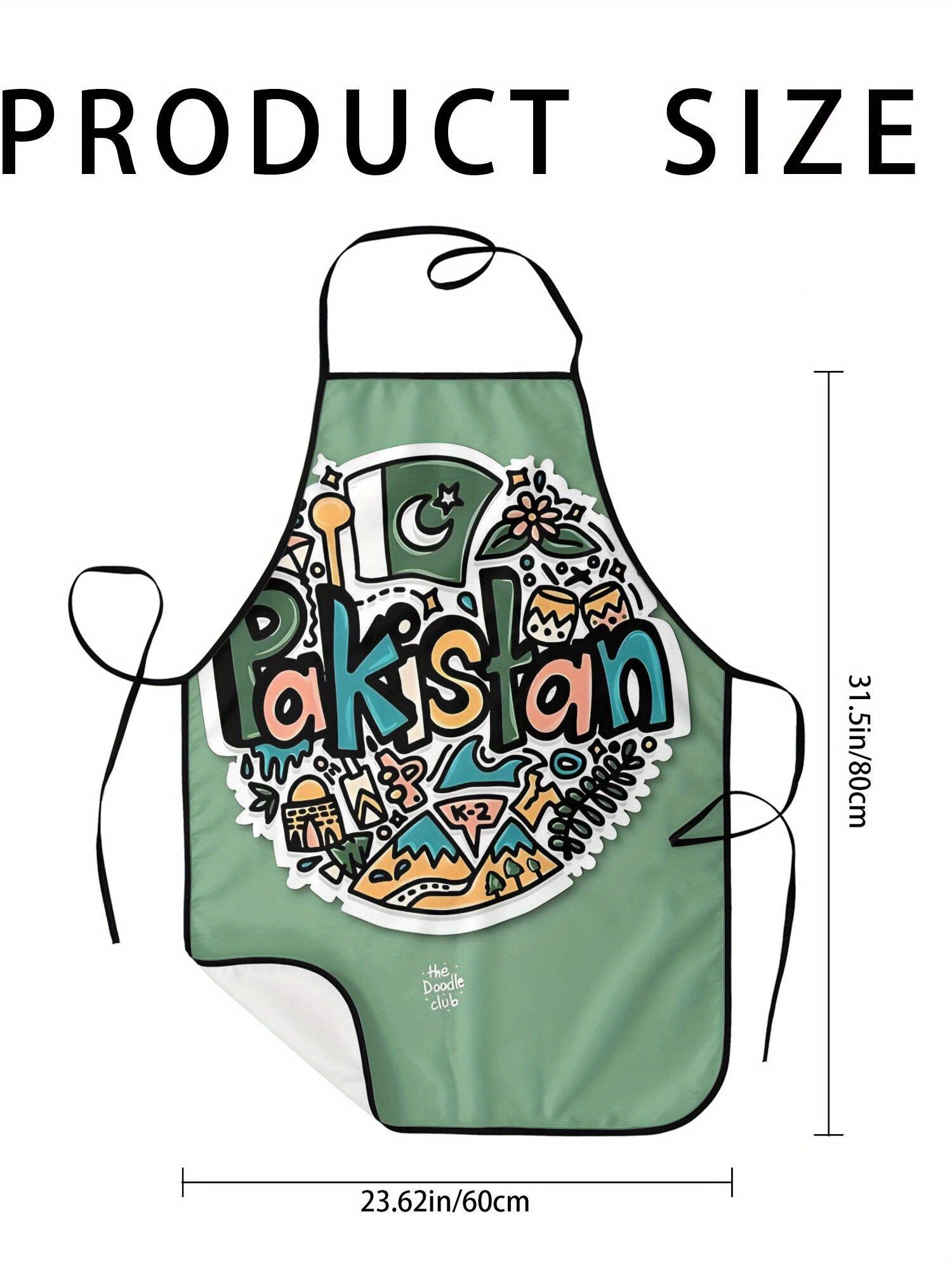 Pakistan-Themed Adjustable Cooking Apron - Retro Style Vibrant Green with Cultural Print (Crescent Moon, Stars, Mountains, Mushrooms) - Unisex Kitchen Apron for Home Cooks & Pakistani Cuisine Enthusiasts, Culinary Attire, Tra
