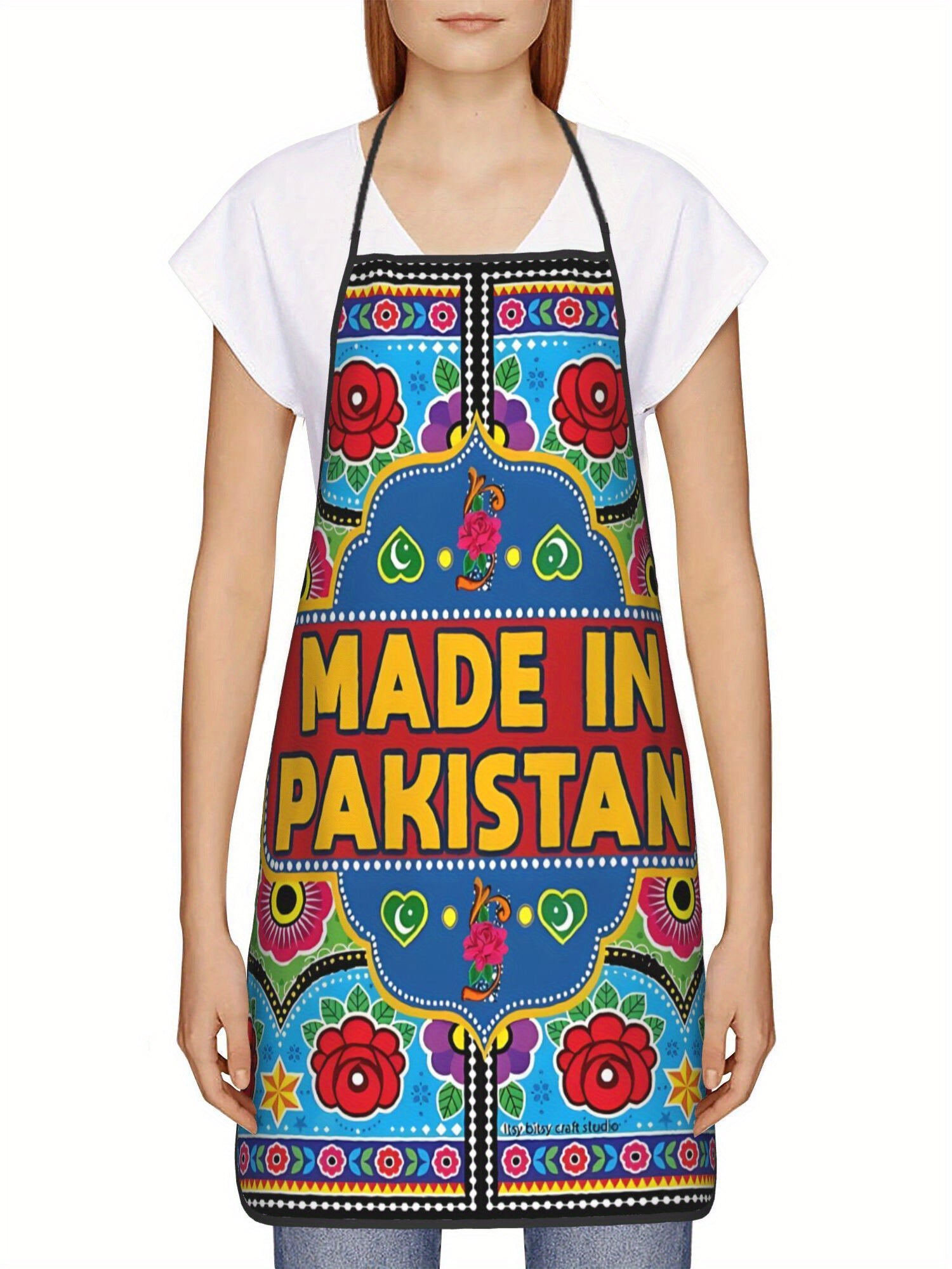Vintage Truck Adjustable Cooking Apron - Unisex Kitchen Apron with Vibrant Floral Print, "Made in Pakistan" Text, Adjustable Neck Strap & Ties, Durable Fabric for Home Cooking & Cultural Enthusiasts, Culinary Attire, Cultural