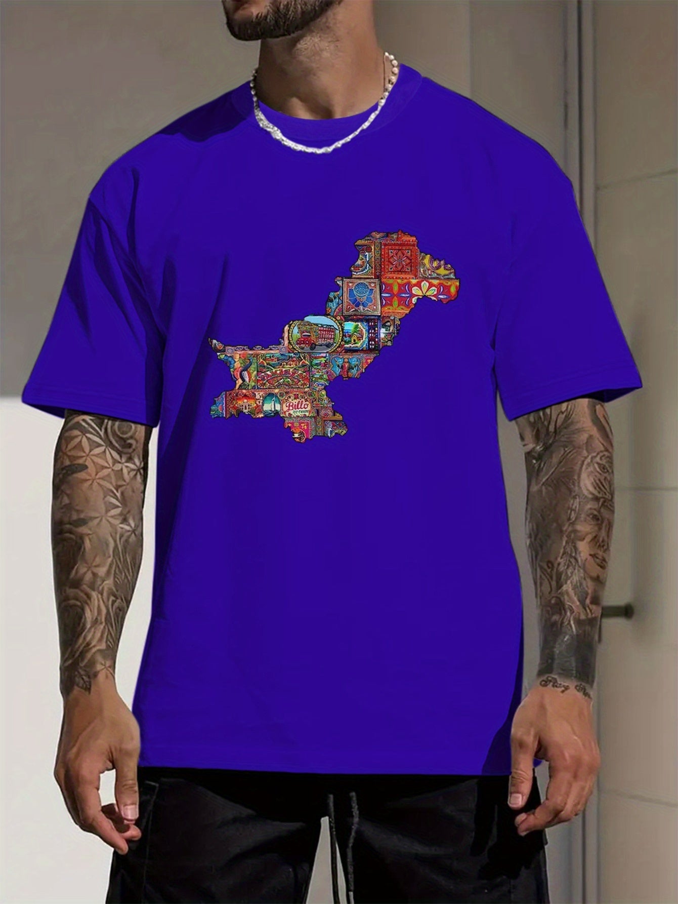 Men's Pakistan Map Print Short Sleeve T-Shirt - Vibrant Blue Casual Summer Tee with Cultural Artwork, Breathable Round Neck Top for Outdoor Activities & Daily Wear, Vibrant Graphic Shirt, Digital Print Shirt