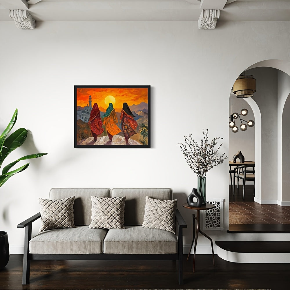 1pc Frameless Pakistan Poster Art Print - Middle Eastern Wall Art Painting with Vibrant Sunset Mountain Landscape, Traditional Women & Islamic Architecture, Cultural Home Decor for Bedroom, Living Room, Office, Islamic Home D