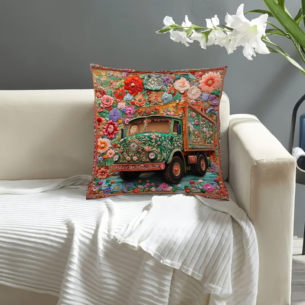 1pc Vibrant Pakistani Truck Art Floral Spring 3D Embroidery Pillow Cover, 45.72x45.72 cm - Double-Sided Print, Zipper Closure, Machine Washable Polyester, Ideal for Living Room Decor, Decorative Pillows