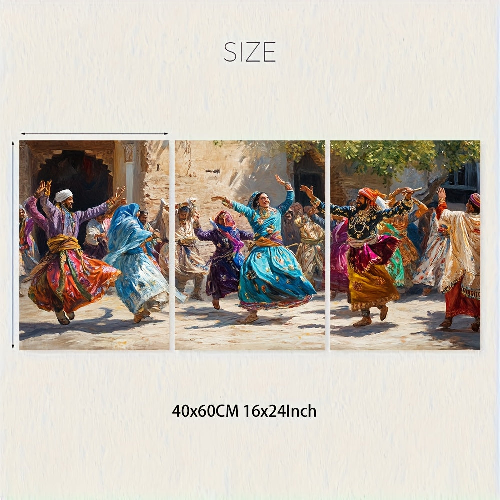 3pcs Framed Wall Art - Pakistani Attan Dance Scene, Traditional Pashtun Dress, Vibrant Tribal Heritage Print, Wooden Frame, 40.64x60.96cm, Ideal for Home & Office Decor, Office Wall Art | Cultural Wall Art | Wooden Frame Art,