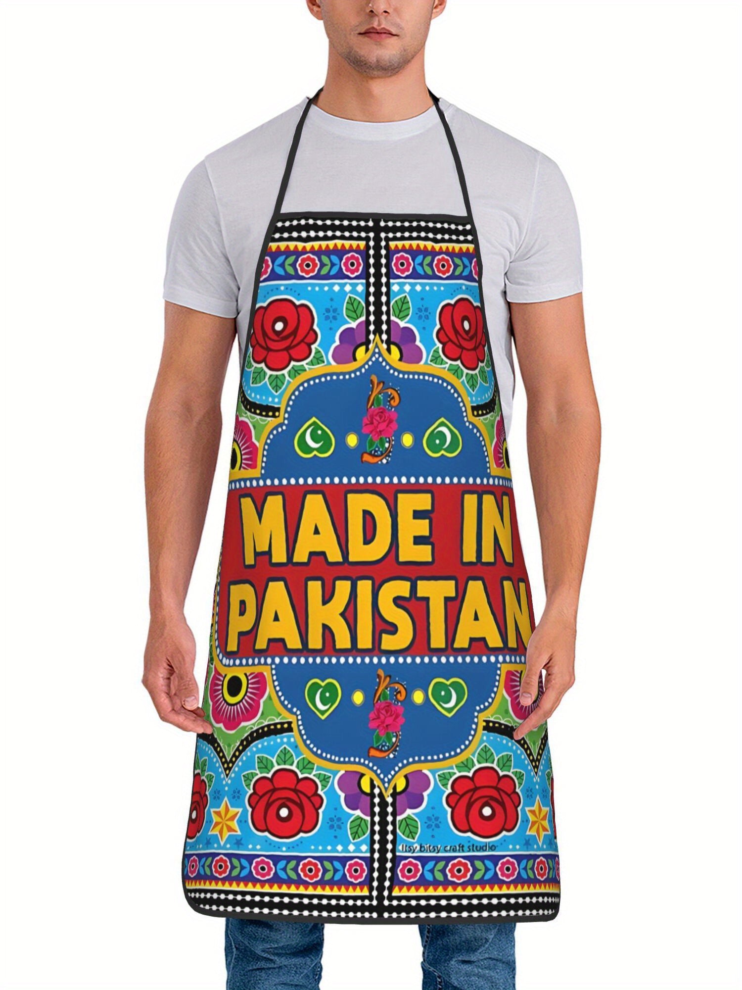 Vintage Truck Adjustable Cooking Apron - Unisex Kitchen Apron with Vibrant Floral Print, "Made in Pakistan" Text, Adjustable Neck Strap & Ties, Durable Fabric for Home Cooking & Cultural Enthusiasts, Culinary Attire, Cultural