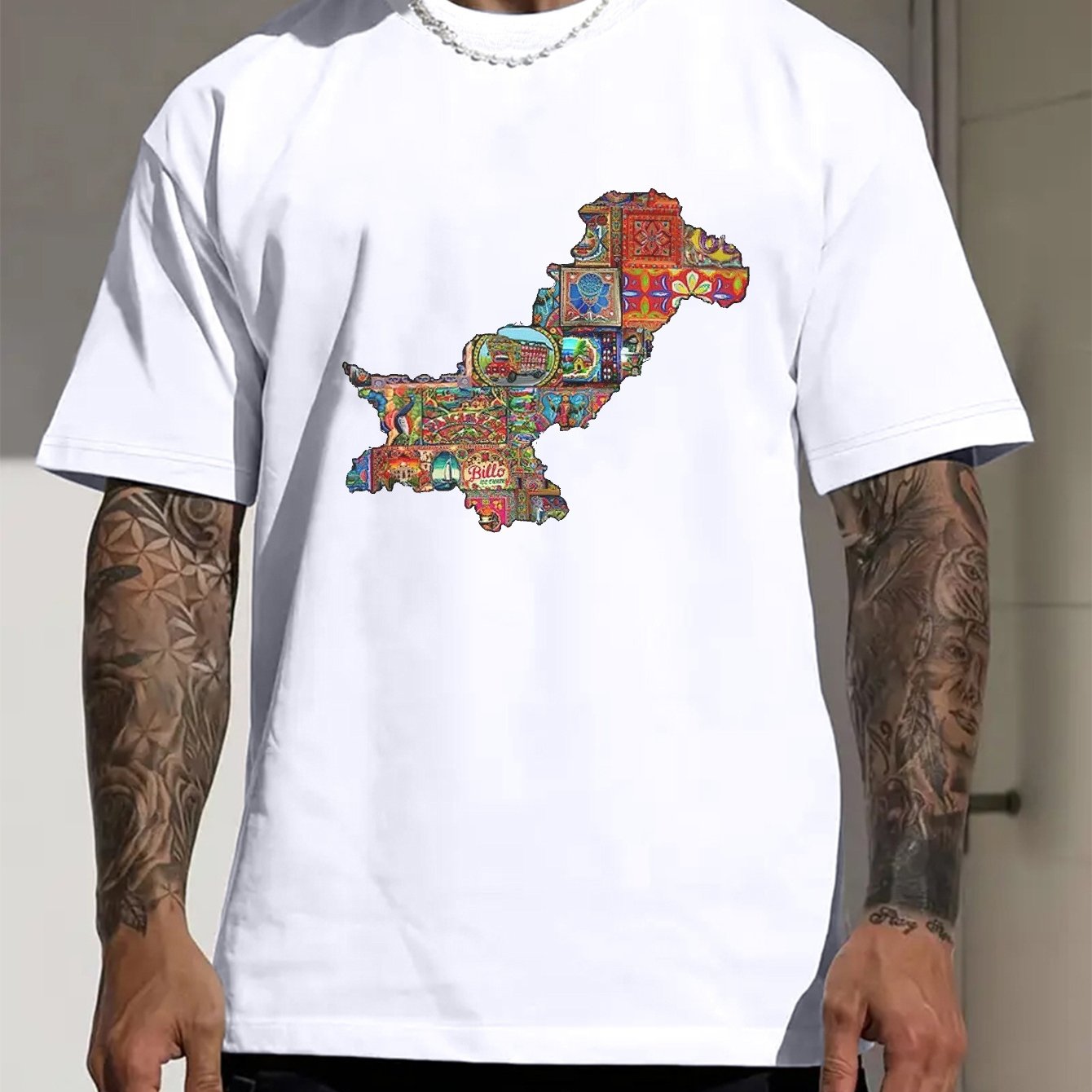 Men's Pakistan Map Print Short Sleeve T-Shirt - Vibrant Blue Casual Summer Tee with Cultural Artwork, Breathable Round Neck Top for Outdoor Activities & Daily Wear, Vibrant Graphic Shirt, Digital Print Shirt