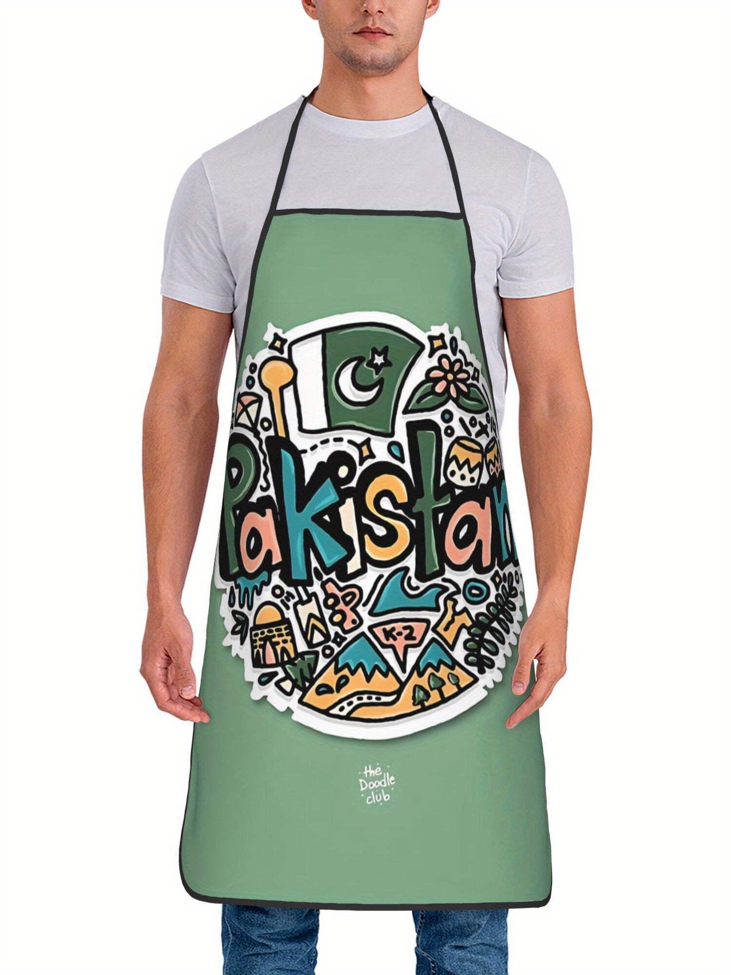 Pakistan-Themed Adjustable Cooking Apron - Retro Style Vibrant Green with Cultural Print (Crescent Moon, Stars, Mountains, Mushrooms) - Unisex Kitchen Apron for Home Cooks & Pakistani Cuisine Enthusiasts, Culinary Attire, Tra