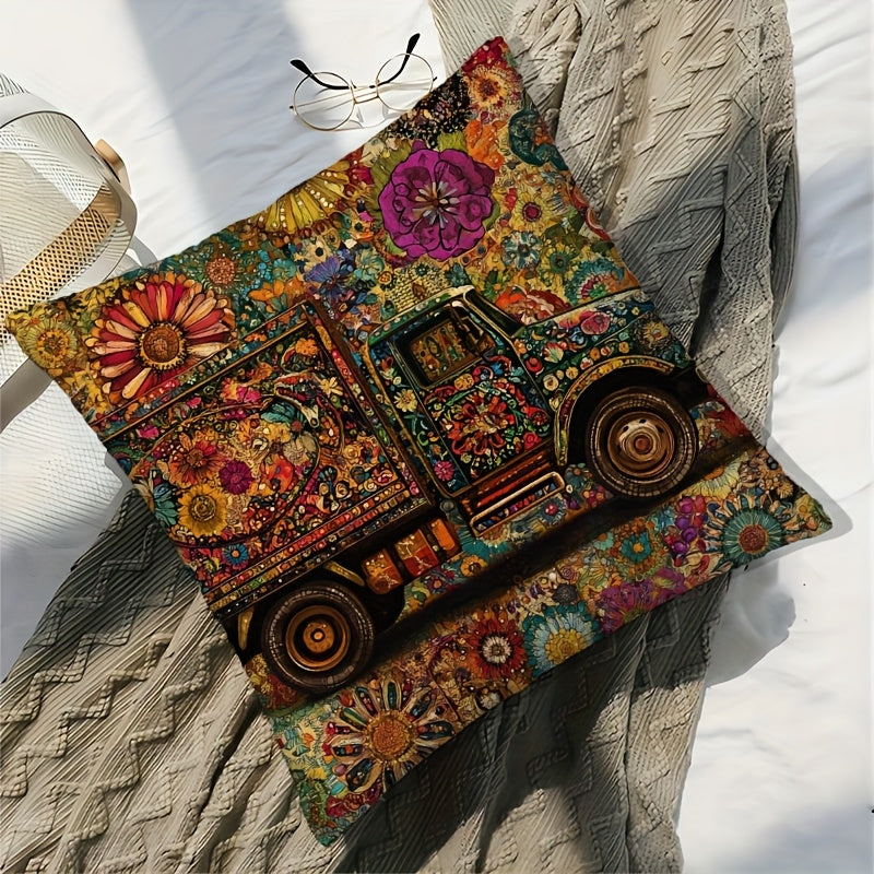 1pc Contemporary Pakistani Folk Art Truck Design Throw Pillow Cover, 45.72x45.72 cm, Machine Washable, Zipper Closure, Woven Polyester, Decorative Cushion Case for Sofa, Living Room, Bedroom, Office - No Insert