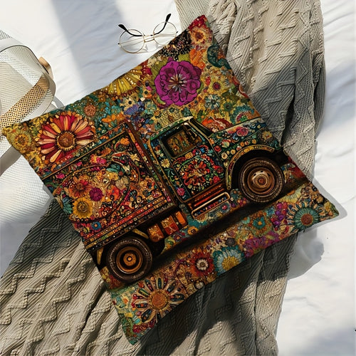 1pc Contemporary Pakistani Folk Art Truck Design Throw Pillow Cover, 45.72x45.72 cm, Machine Washable, Zipper Closure, Woven Polyester, Decorative Cushion Case for Sofa, Living Room, Bedroom, Office - No Insert