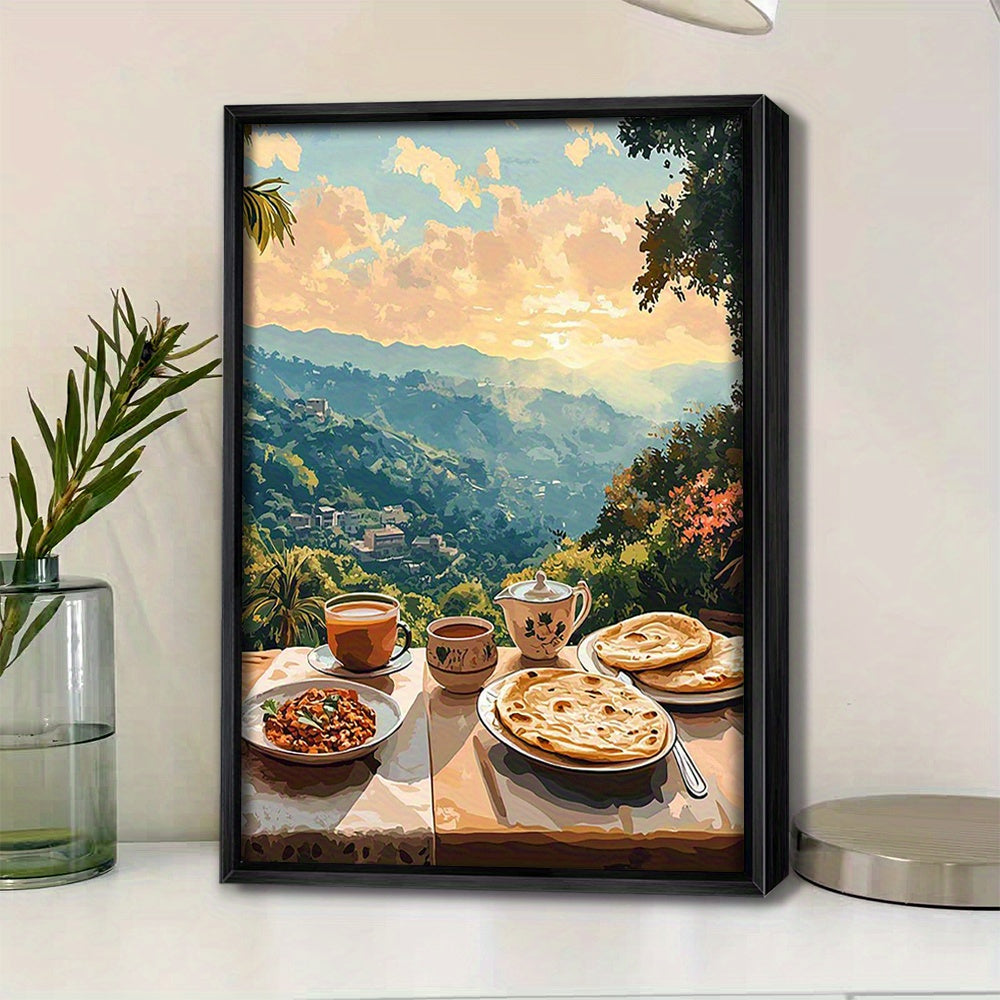 [Home Relaxation] Serene Pakistani Breakfast Scene Canvas Wall Art Print – Margalla Hill, Nihari, Parathas Chai, and Serene Landscape for Living Room, Bedroom, or Office Decor, 2D, Perfect for Room Decor