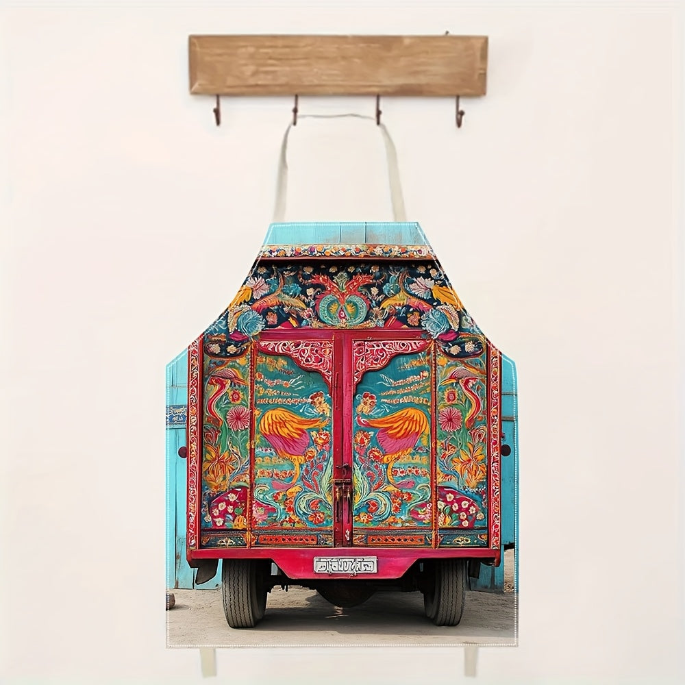 1pc stylish durable print apron, Pakistani Truck Art Inspired Design apron, gardening cooking chef apron, 54.99x68.0cm, for BBQ Kitchen Cooking Baking Crafting Restaurant YAWQ2583