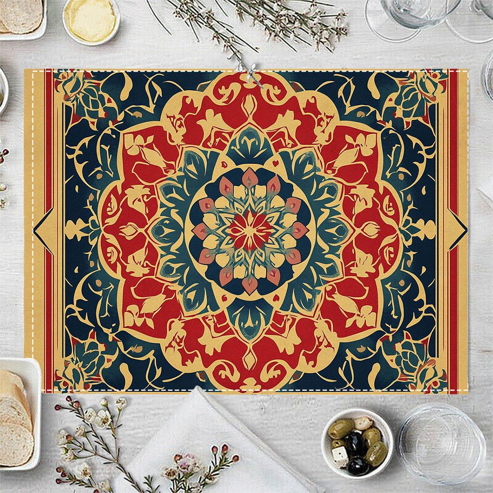 4pcs Traditional Pakistani Islamic Manuscript Design Linen Placemats, Rectangular Woven Table Mats, Decorative Medallion Pattern, Hand Wash Only, 30.48x45.72 cm - ZJPUI2AI0311