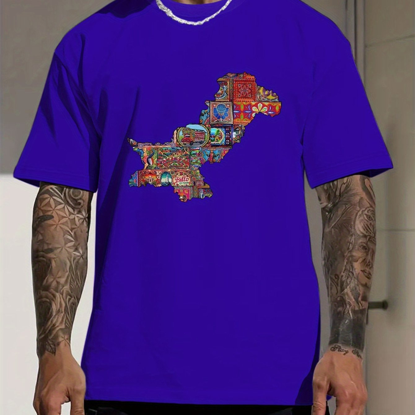 Men's Pakistan Map Print Short Sleeve T-Shirt - Vibrant Blue Casual Summer Tee with Cultural Artwork, Breathable Round Neck Top for Outdoor Activities & Daily Wear, Vibrant Graphic Shirt, Digital Print Shirt
