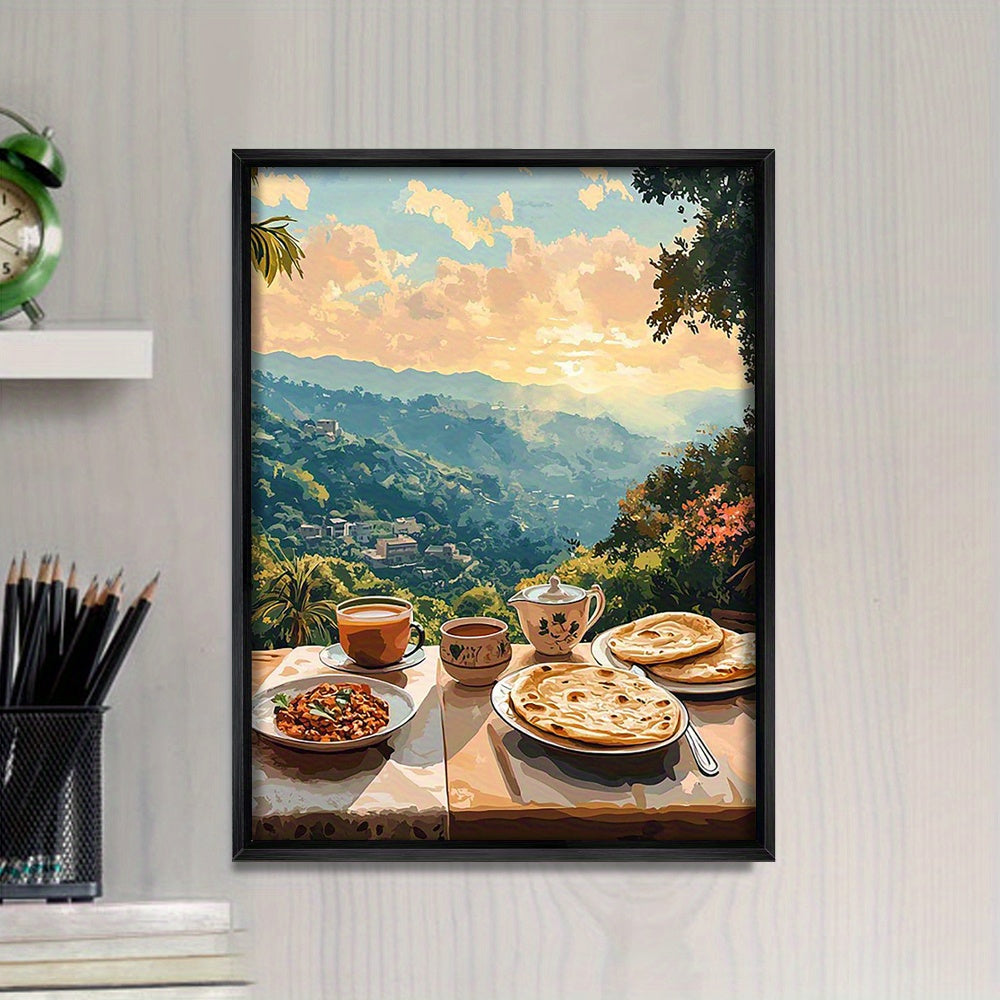 [Home Relaxation] Serene Pakistani Breakfast Scene Canvas Wall Art Print – Margalla Hill, Nihari, Parathas Chai, and Serene Landscape for Living Room, Bedroom, or Office Decor, 2D, Perfect for Room Decor