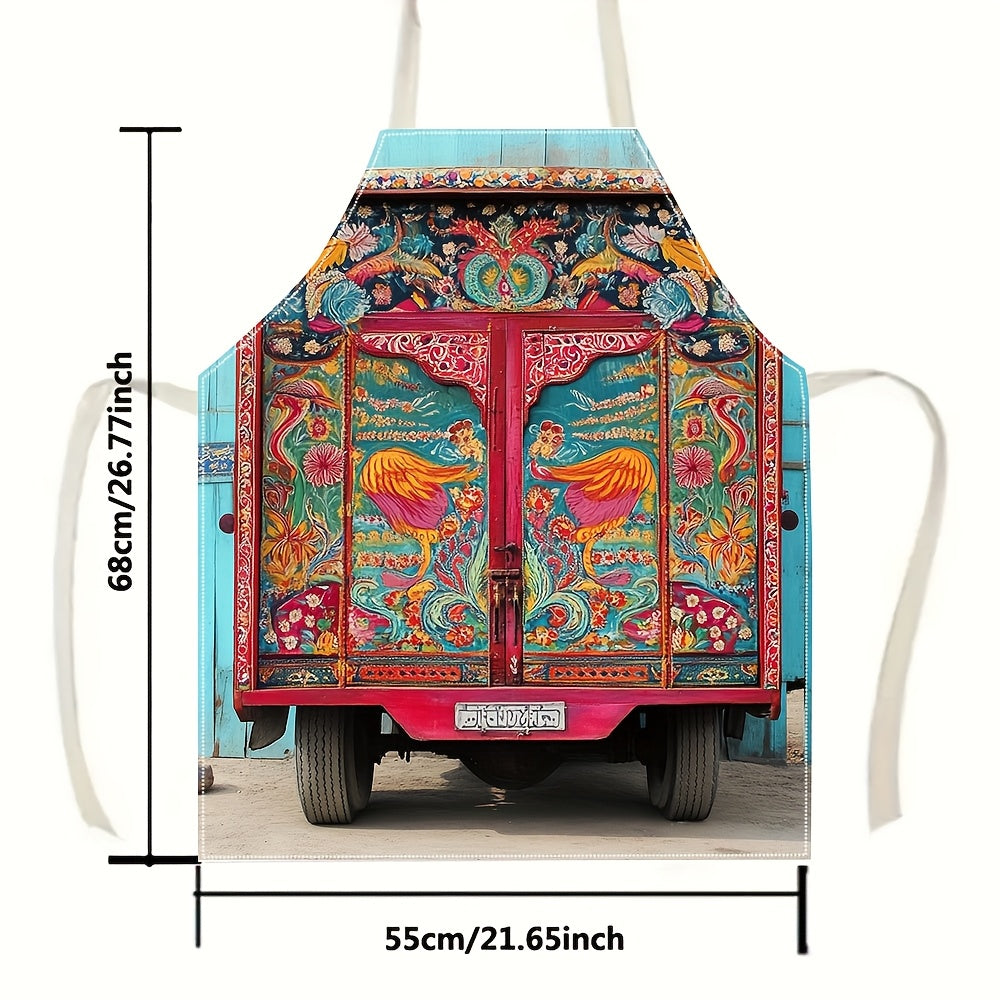 1pc stylish durable print apron, Pakistani Truck Art Inspired Design apron, gardening cooking chef apron, 54.99x68.0cm, for BBQ Kitchen Cooking Baking Crafting Restaurant YAWQ2583