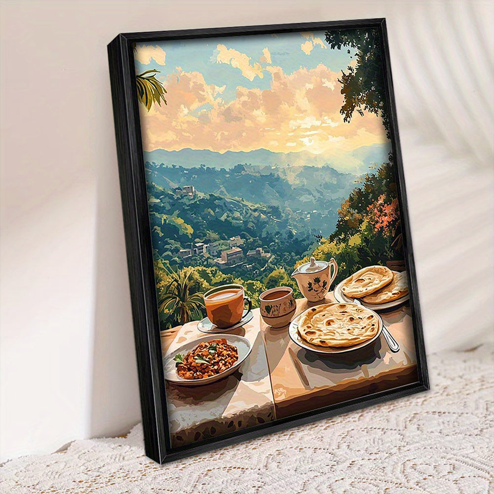 [Home Relaxation] Serene Pakistani Breakfast Scene Canvas Wall Art Print – Margalla Hill, Nihari, Parathas Chai, and Serene Landscape for Living Room, Bedroom, or Office Decor, 2D, Perfect for Room Decor