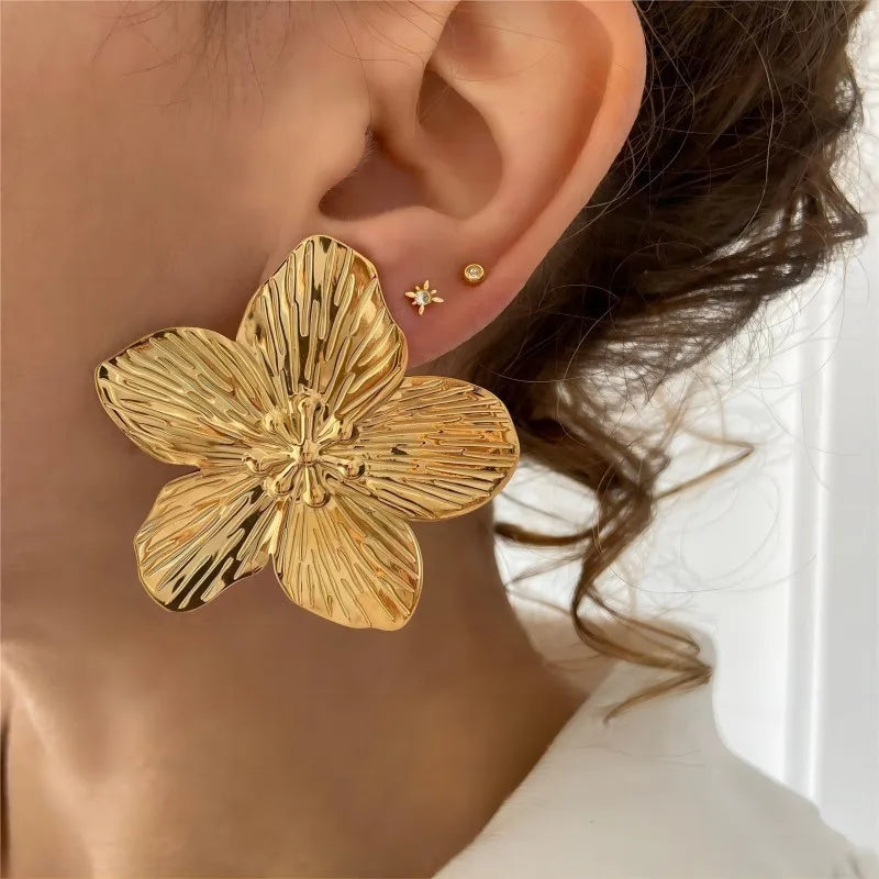 Gold Plated Big Flower Zircon Stud Earrings