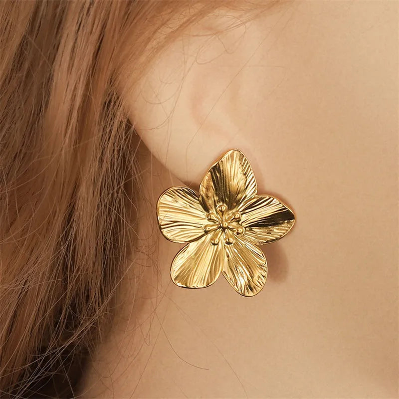 Gold Plated Big Flower Zircon Stud Earrings
