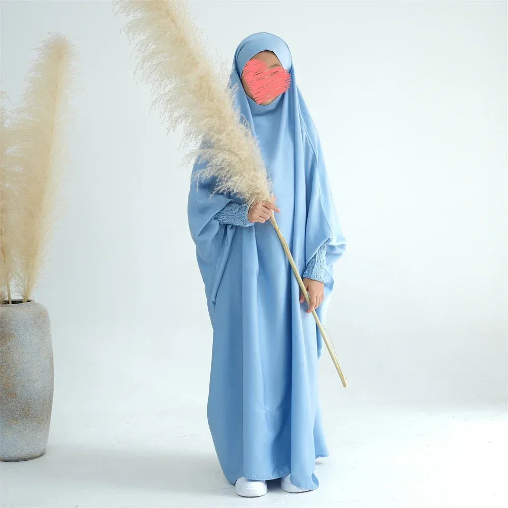 Ramadan Kids Girls Muslim Abaya Khimar Hooed Eid Dress Burqa Prayer Garment Islam One Piece Robe Clothing Robe Middle East