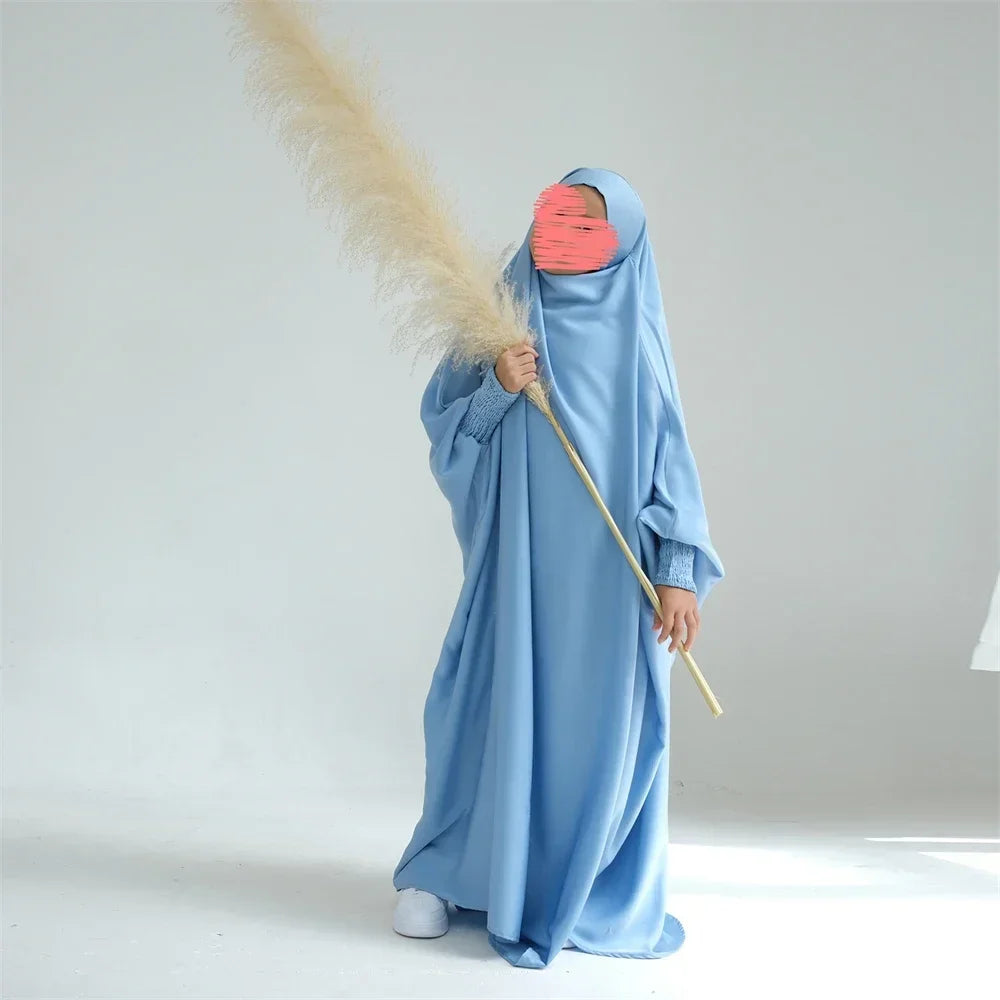 Ramadan Kids Girls Muslim Abaya Khimar Hooed Eid Dress Burqa Prayer Garment Islam One Piece Robe Clothing Robe Middle East