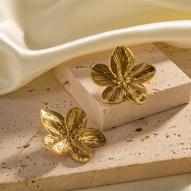 Gold Plated Big Flower Zircon Stud Earrings