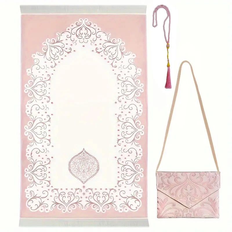 3pcs/set Muslim Prayer Mat Set Middle East Prayer Rug Prayer Beads Travel Worship Blanket Set Ramadan Gifts Islamic Sejadah