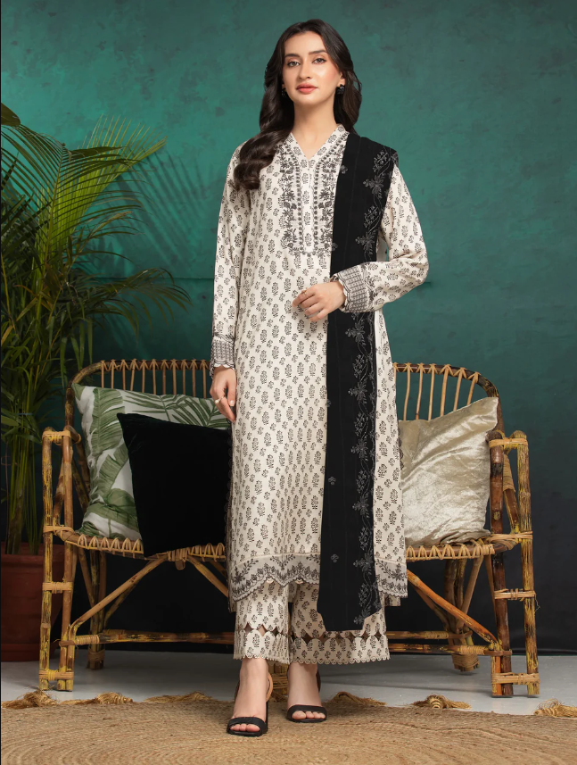 Edenrobe: Unstitched Cream Embroidered Raw Silk 3 Piece