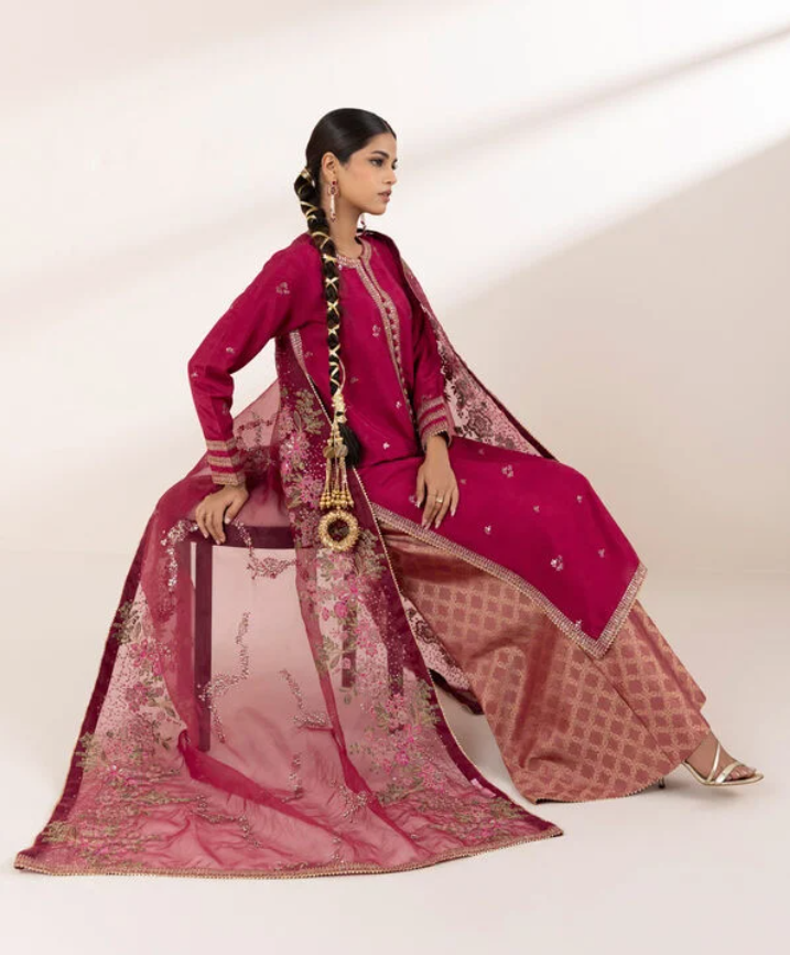 Sapphire: 3 Piece - Embroidered Raw Silk Suit (Ready to wear)