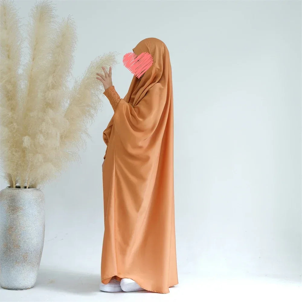 Ramadan Kids Girls Muslim Abaya Khimar Hooed Eid Dress Burqa Prayer Garment Islam One Piece Robe Clothing Robe Middle East