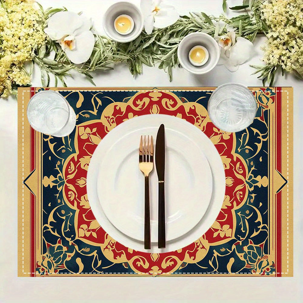 4pcs Traditional Pakistani Islamic Manuscript Design Linen Placemats, Rectangular Woven Table Mats, Decorative Medallion Pattern, Hand Wash Only, 30.48x45.72 cm - ZJPUI2AI0311