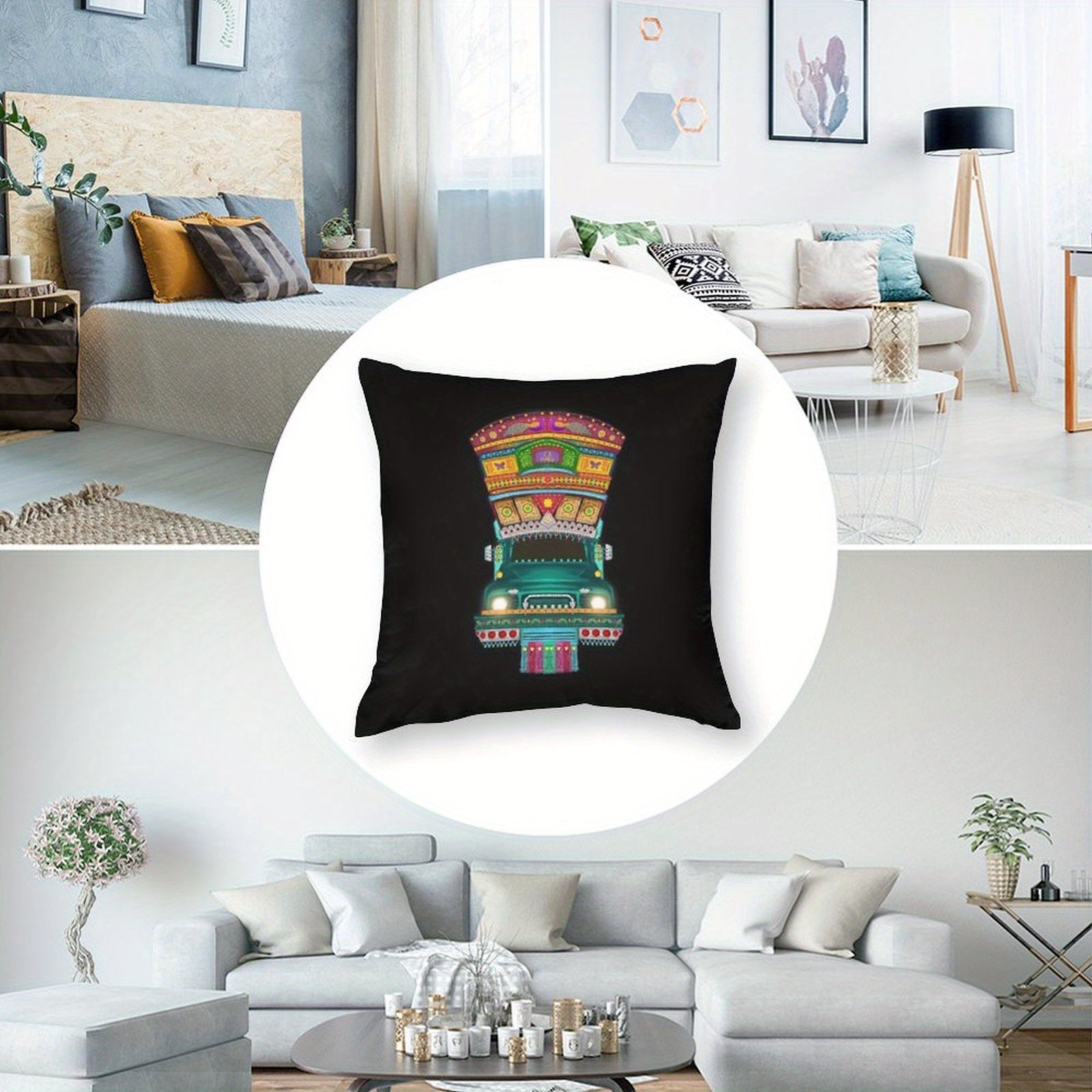 1pc Vibrant Pakistani Truck Art Sofa Pillowcase - Double-Sided Polyester, Colorful Traditional Design with Intricate Patterns, Perfect for Bedroom & Living Room Decor (Pillow Insert Not Included), Decorative Pillow Cover | Tr