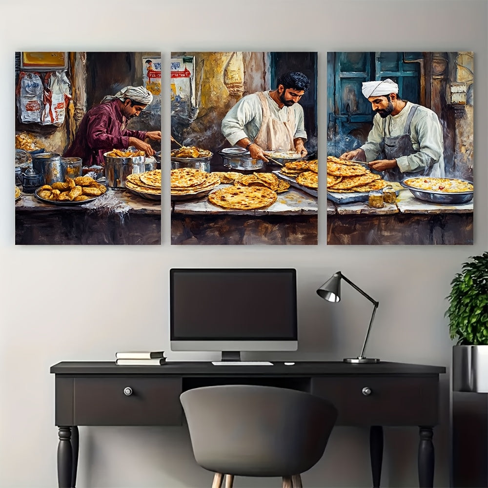 3pcs Framed Canvas Wall Art - Pakistani Breakfast in Karachi, Parathas & Quaide Azam View, Cultural Print, 40.64x60.96cm, Wooden Frame, 2D Flat Design, Perfect for Home or Office Decor, Office Wall Decor | Cultural Artwork |